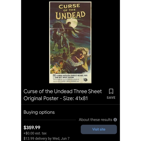 Vintage 1950s Curse of the Undead original partial sheet horror movie poster art - Picture 6 of 11